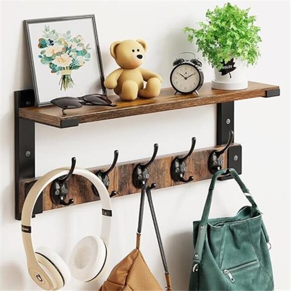 Wall Hooks with Shelf, Coat Rack Wall Mount for Coat Backpack Key Clothes - Picture 7 of 7